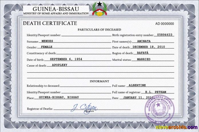 Guinea-Bissau vital record death certificate